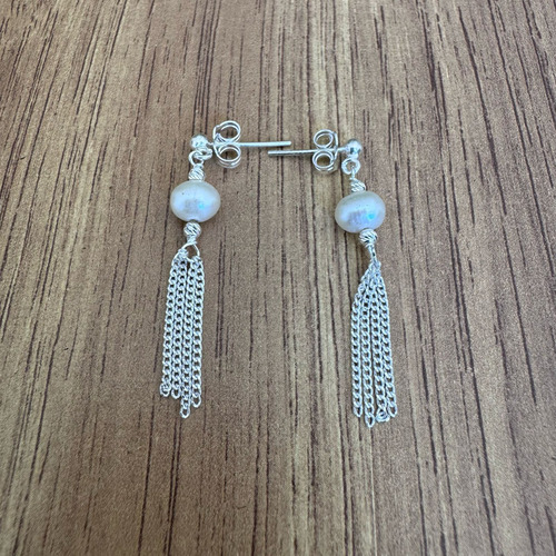 Aretes Largos De Plata 925 Y Perla Natural Mujer Agálea