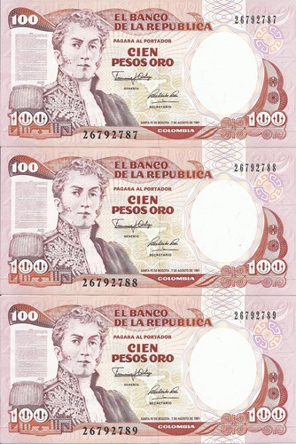 Colombia Trío Números Consecutivos, 100 Pesos 7 Agosto 1991
