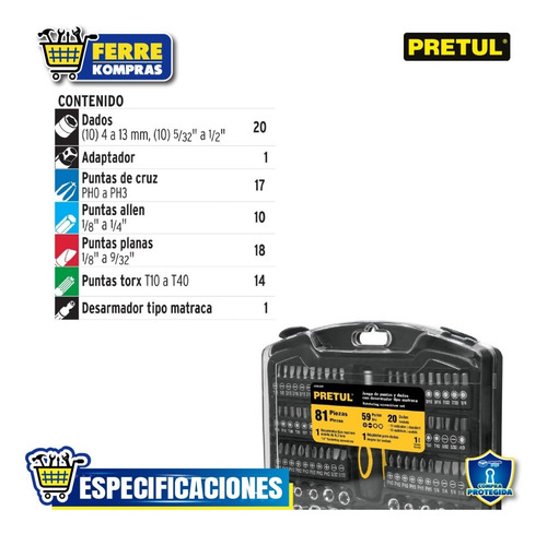 Juego De Dados, Cuadro 1/4', 81 Piezas, Pretul 23972