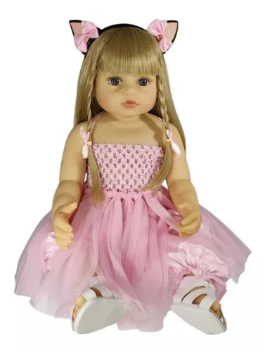 Boneca reborn bebe real lara 55cm com acessorios toda em silicone olhos  azuis