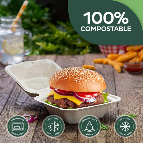 Berry Green 50 Hamburgueseros Contenedores Compostables Para Alimentos, Material de Alta Calidad, Resistente a Líquidos, Ecológico, Hecho de Fibras de Caña de Azúcar de 15 x 15 x 7.5 cm (6 Pulgadas)
