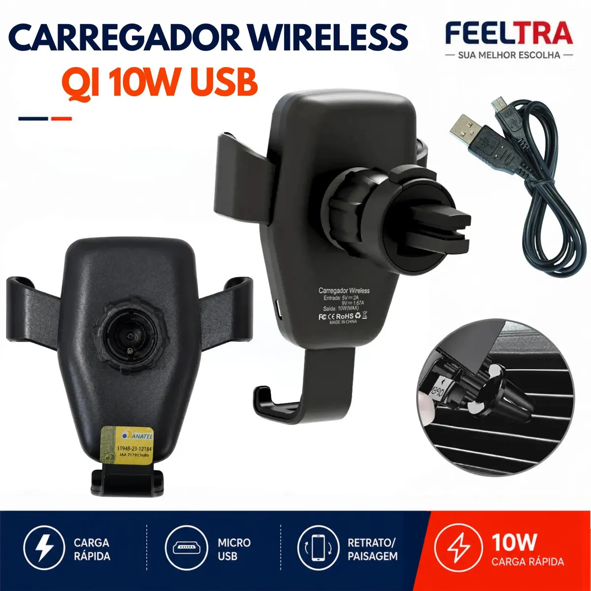 Suporte Carregador Celular Para Carro Indução Qi 10W Sem Fio Veicular Universal Wireless Saída De Ar Garra 360° Trava Automática Anatel Para Smartphone Até 7" Carga Rápida Usb Automotivo FEELTRA