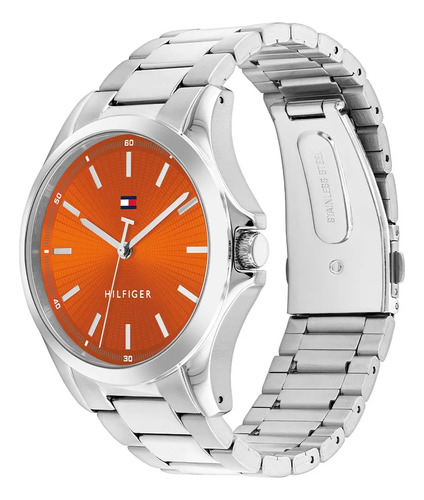 Reloj Tommy Hilfiger Hombre Bruce 1710678 Malla Plateado Bisel Plateado Fondo Naranja