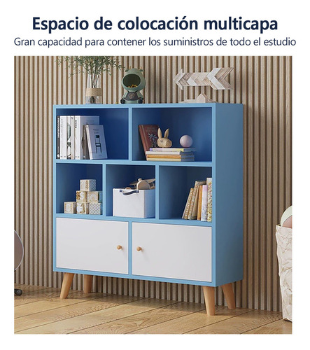 Librero De Madera Organizador Con 2 Puertas Y 5 Compartiment Azul Brillante