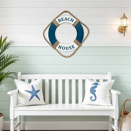 Enfeite Bóia Beach House Com Texto Em Azul
