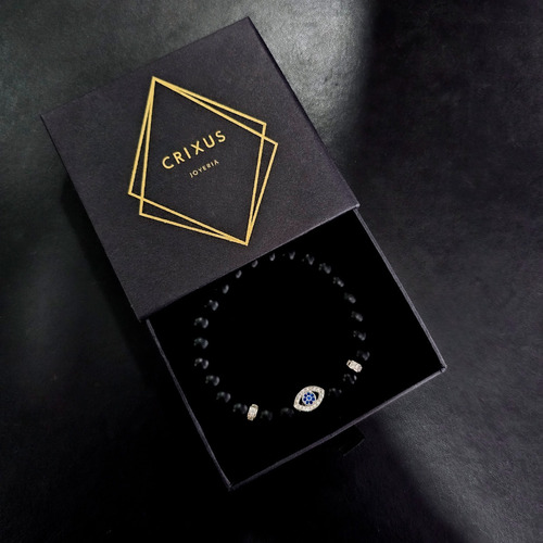 Pulsera Brazalete Plata Ojo Turco Hombre Ónix Y Zirconia Color Negro Diámetro 5 Largo 20 Cm