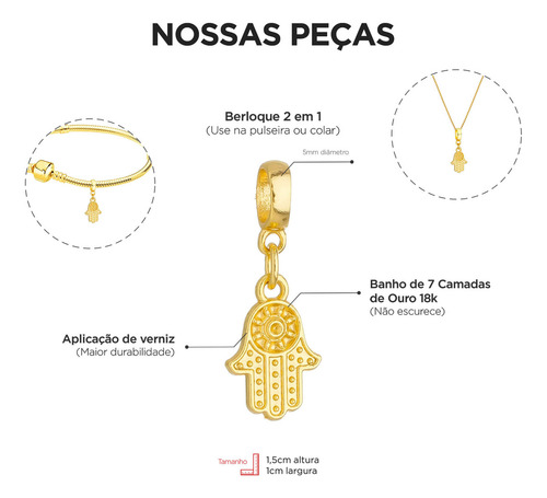 Berloque Mão De Fátima Hamsá Banhado A Ouro 18k Premium