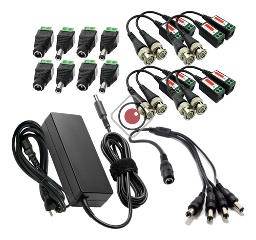 Pack Balun X4 Fuente 12v 3a Derivador 1x4 Plug Alimentación