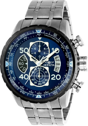 Reloj Invicta Aviator en acero, fondo azul, borde negro 22970, color de la correa: plateado
