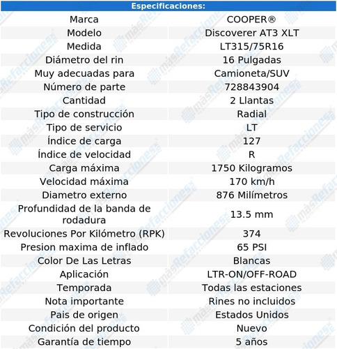 Par De Llantas Lt315/75r16 127r Cooper Discoverer At3 Xlt