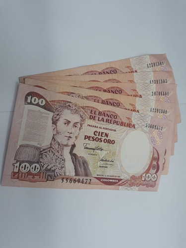 Billetes 100 Pesos Colombianos X 5 Pcs, Años 1989 - 1991