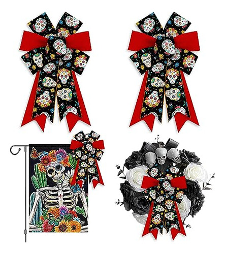 2pcs Day Of The Dead Bows For Wreath, Red Black Dia De ...