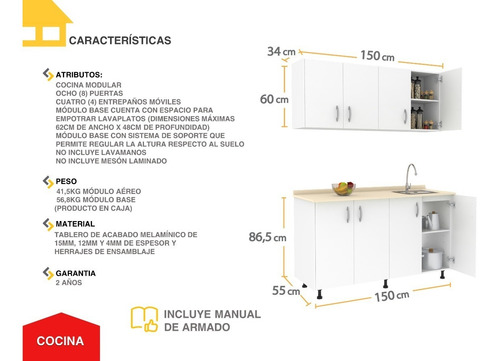 Imagen 5 de 9 de Mueble Casa Lista® Cocina Modular 1,50 Mts
