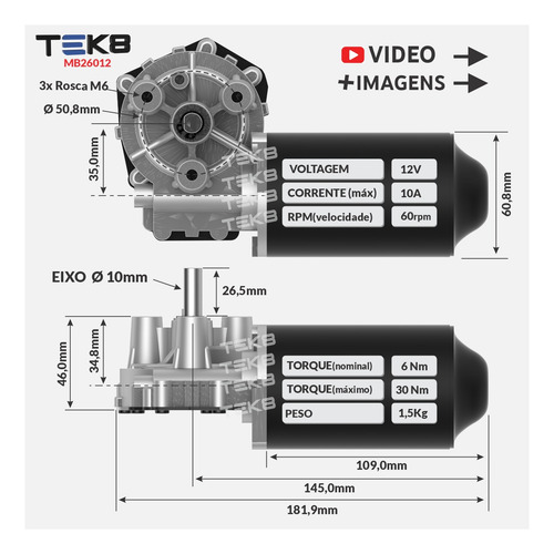 Motor Com Redução Dc 12v 60rpm Alto Torque Motorredutor