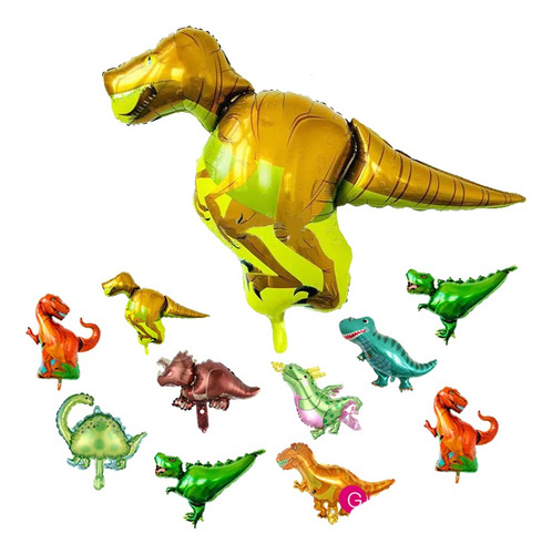 1 Globo Dinosaurio 90 Cm + 10 Globos 35 Cm Metalizados