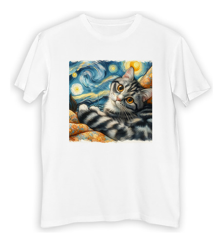 Remera Hombre Gato Tierno Mirada Gris Negro Van Gogh