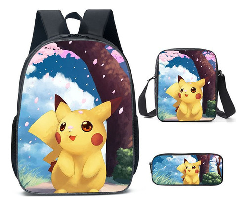 Mochila Escolar Pikachu Ratón Eléctrico De 3 Piezas