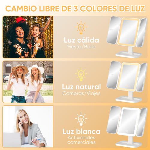 Espejo De Maquillaje Triple Plegable Con Luz Led Y Aumento