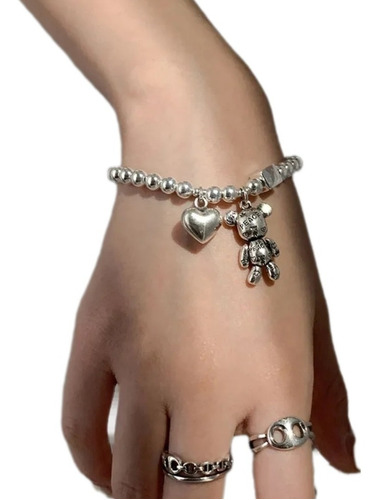 Pulsera Oso Corazón Dama Ley Plata 925 Detallado Regalo