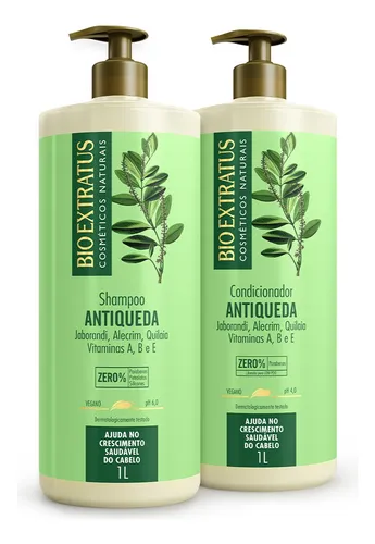 Kit Bio Extratus Antiqueda contendo um shampoo e um condicionador de 1 litro cada, ambos na embalagem verde com detalhes botânicos e válvulas dosadoras.