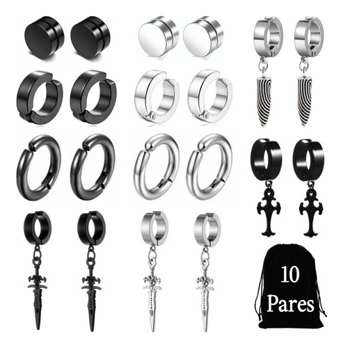 Set 10 Pares Aretes Hombre Falsos Piercing Imán Arracadas