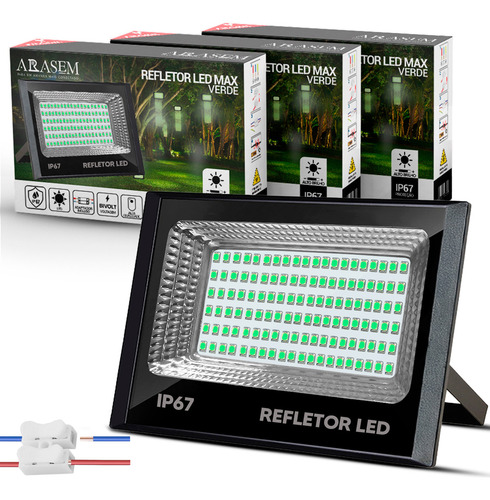 Kit 3 Refletor Super Led Mini 200w Ip67 Carcaça Preta Luz Verde Arasem Holofote Led 01276