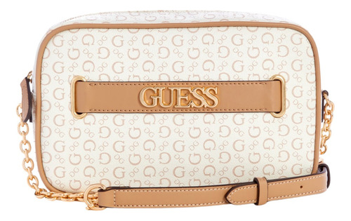 Bolsa Guess Creswell Logo Top Zip Crossbody Acabado De Los Herrajes Dorado Color Blanco Correa De Hombro Marrón Claro Diseño De La Tela Monograma