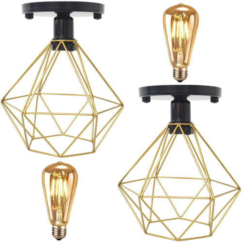 2 Lustre Plafon Diamante Dourado Aramado 2 Lâmpada Led Preto