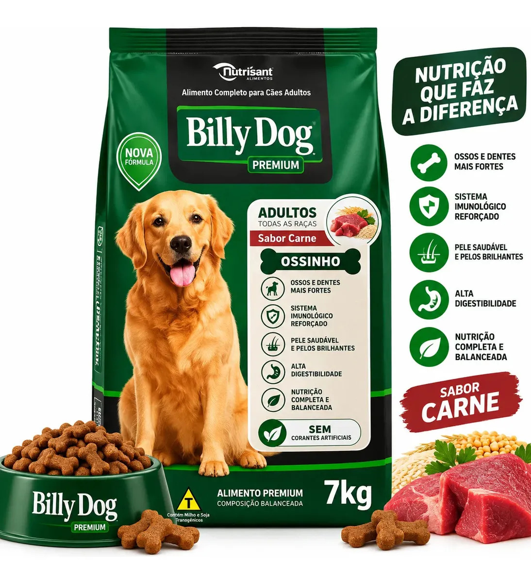 Ração Billy Dog Premium 7kg Cães Adultos Sabor Carne Ossinhos
