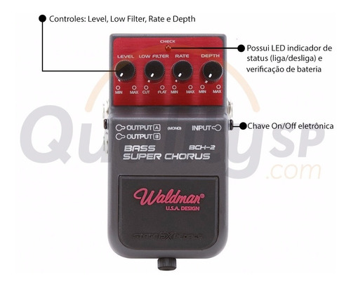 Pedal Waldman Para Baixo Bass Super Chorus Bch-2 Cor Cinza e Vermelho