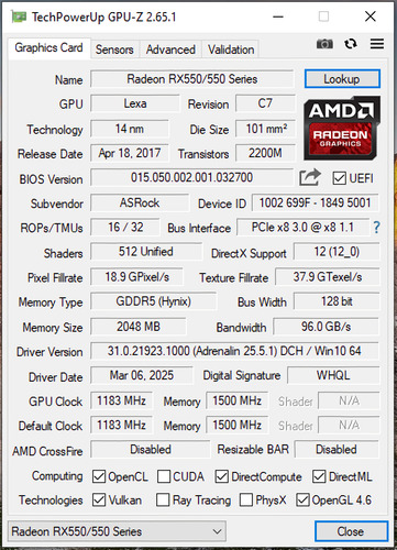 Tarjeta Grafica Asrock Phantom Rx 550 2gb Ddr5 (Usado)