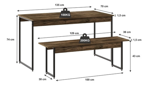 Mesa De Jantar Com 1 Banco Estilo Industrial Tub