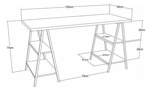 Mesa Para Escritório 1,50m Estilo Industrial Cavalete Kuadra Cor Branco Chess / Est.Preta