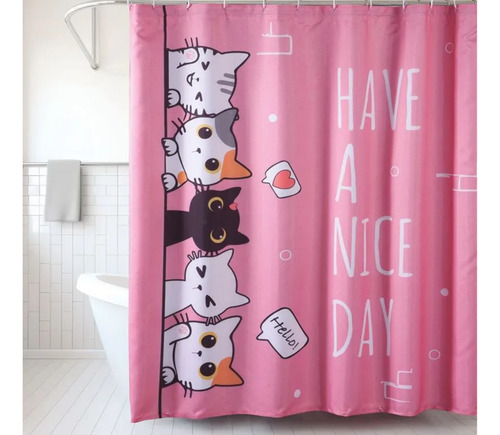 Cortina Rosa Para Baño Cortina Gatitos Impermeable