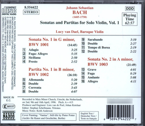 Cd Bach Sonatas And Partitas For Solo Violin Vol. 1 (Usado)