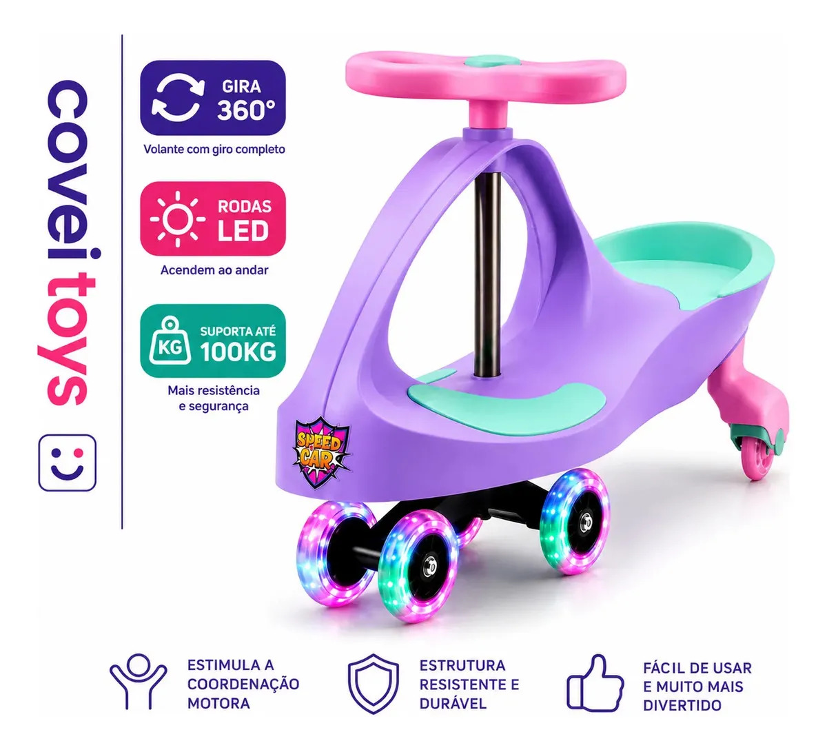 Carrinho Rolimã Car Drift Infantil Volante Gira 360 Suporta 100kg Com Led Nas Rodas Rosa Candy Covei Toys