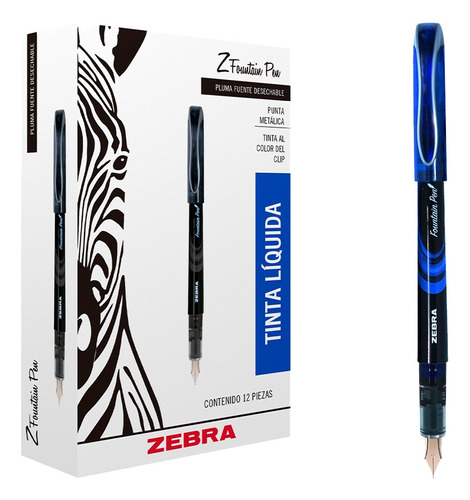 Pluma Fuente Punta De Metal Z Fountain Pen Zebra 12 Piezas. Color Del Exterior Azul
