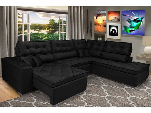 Sofa de Canto Retrátil e Reclinável com Molas Cama inBox Platinum 3,00x2,36 Tecido Suede Preto