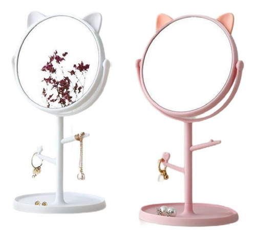 Kit C/ 3 Espelhos Mesa Maquiagem Redondo Gatinho Porta Jóias