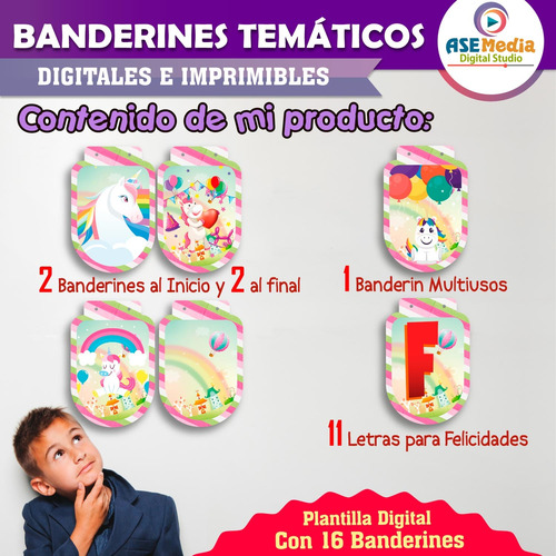 Banderín Unicornios Letrero Banner Cumpleaños Imprimible Pdf