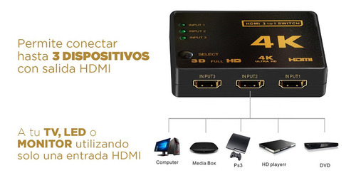 Imagen 2 de 6 de Switch Hdmi Con Control Remoto Full Hd 4k 3d 3 A 1 Premium