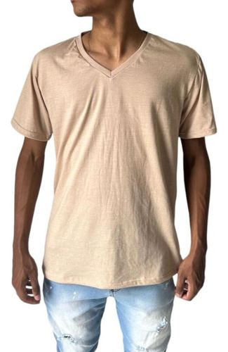 Camisa Masculina Básica Camiseta Gola V Blusa Lisa Bege
