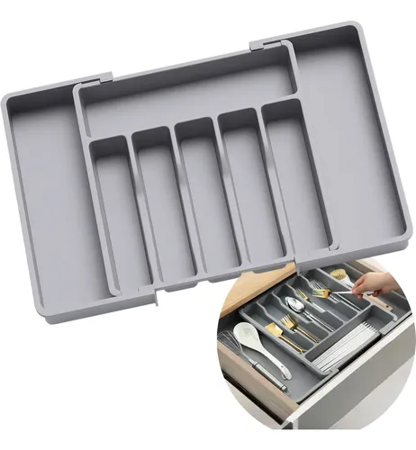 Organizador Porta Talheres Gaveta Cozinha Extensor Duplo Cinza