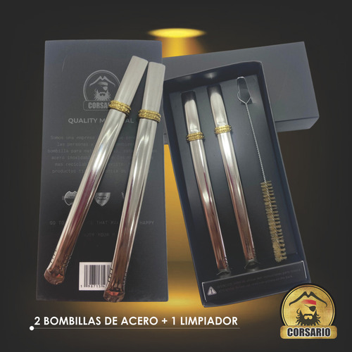 Bombilla Mate Chata Acero Inoxidable Plana Corsario- Set X2 Color Plateado