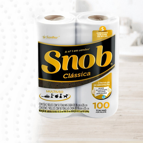3 Unid. Papel Toalha Snob Folha Dupla Clássica Pct. 2x50=100