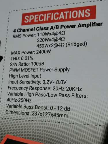 Imagen 2 de 2 de Amplificador Rock Series Rks-p110.4 2400 Watts 4 Canales
