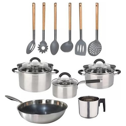 Batería Inducción Triple Fondo 6 Piezas Jarro Wok Utensilios