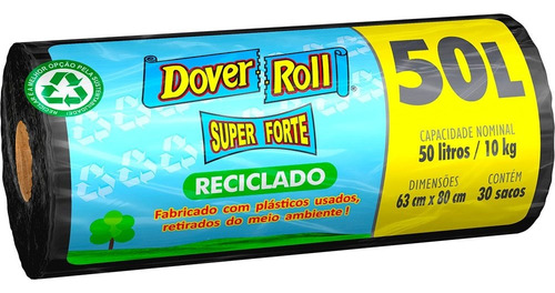 Saco de Lixo Super Forte Preto Reciclado 50 Litros Dover Roll com 30 unidades
