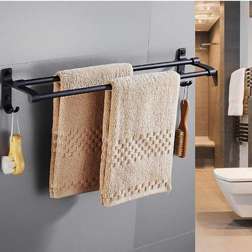 Toallero De Baño Doble Barra Desnivel Con Gancho Negro