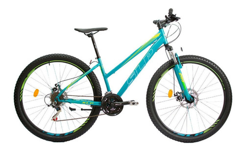 Mountain bike femenina SLP 10 Pro R29 21v frenos de disco mecánico cambios SLP color verde/blanco/amarillo con pie de apoyo  